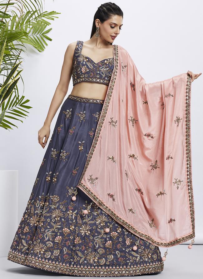 Pure Chiffon Violet Wedding Wear Sequins Work Lehenga Choli